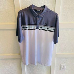 Travis Mathew Mens Blue White Short Sleeve Spread Collar Golf Polo Shirt Size XL